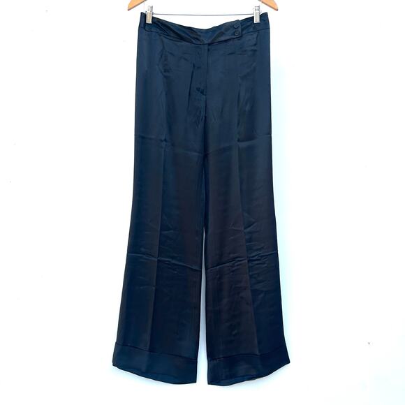 Vintage Designer Wide Leg Satin Slinky Trousers Black Italian 44 Acetate Viscose - Picture 2 of 11